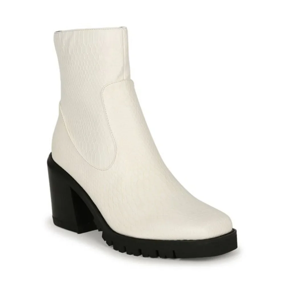 White Chunky Heel Ankle Boots